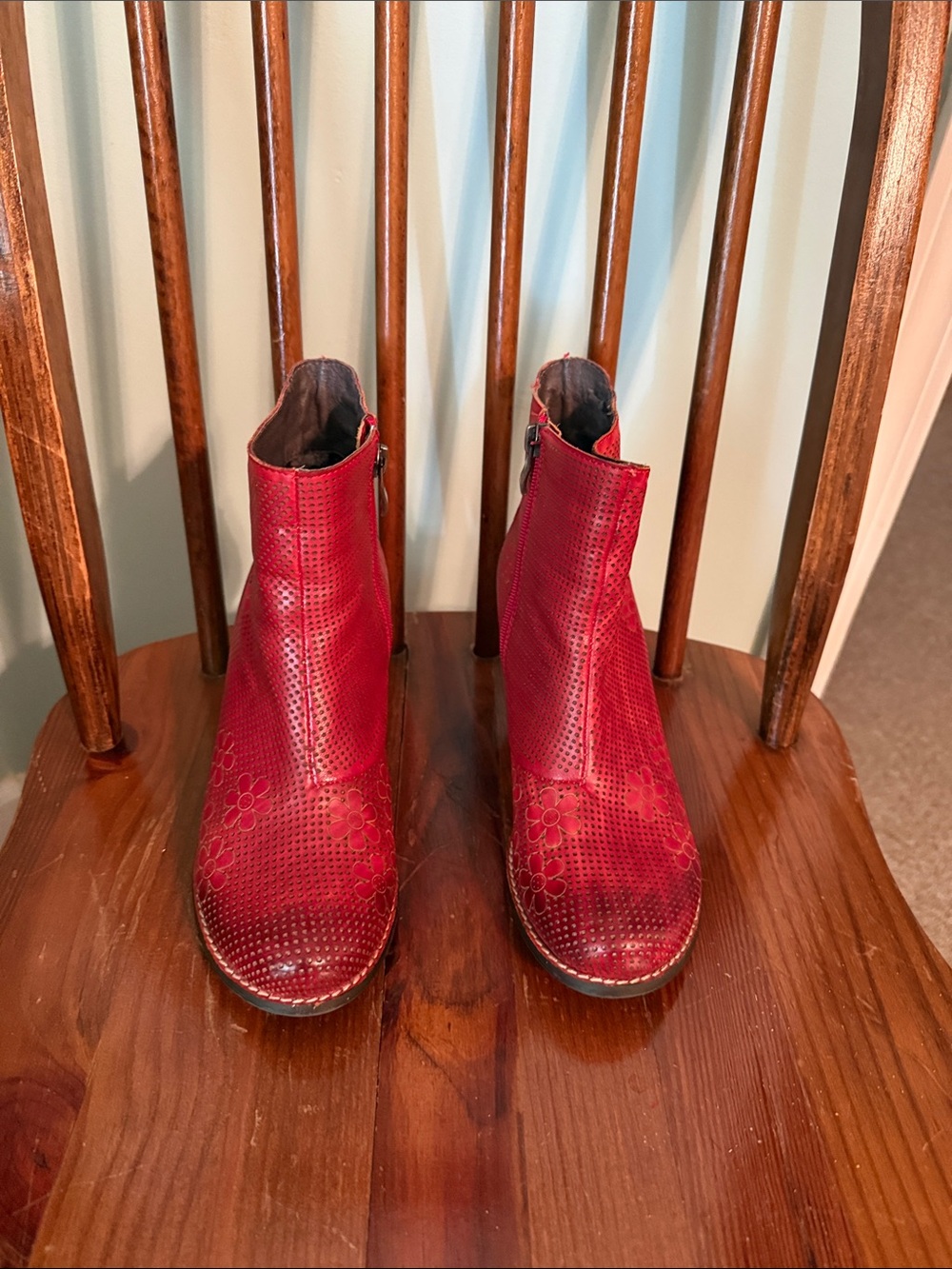 Spring Step Red Perforated Floral Ankle Boots